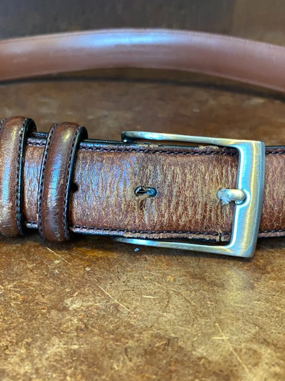 Vintage Perry Ellis Brown Distressed Leather Belt with silver-toned buckle